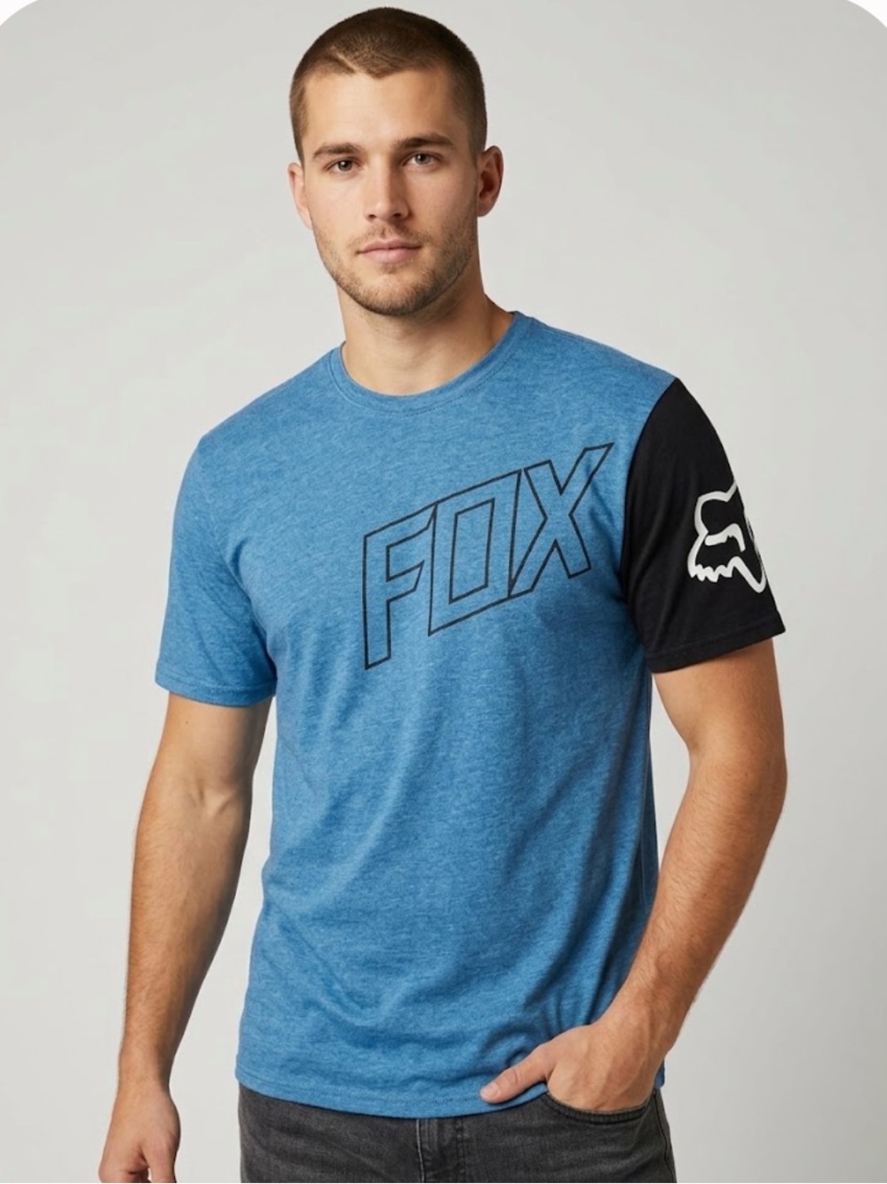 Fox Racing XL Heather Blue Graphic T-Shirt | Black Sleeve Fox Head Logo Tee